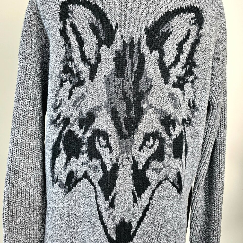 Banana Republic Wolf Intarsia Longline Cardigan Gray Open Front Duster Sweater - Picture 2 of 15